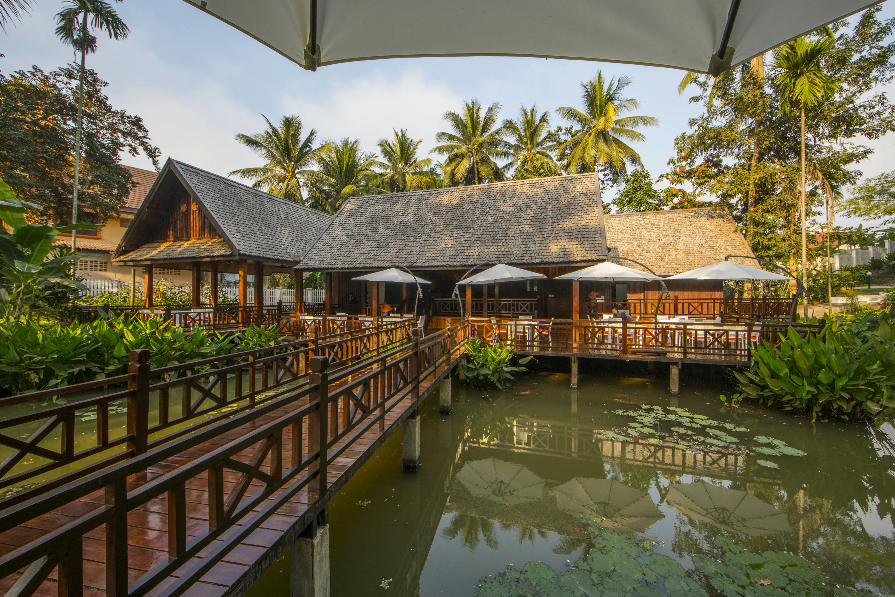 Parasol Blanc White lotus restaurant pond