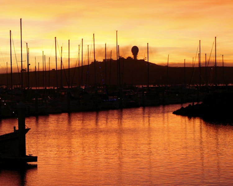 Sunset behind ship masts in Pillar Point Harbor