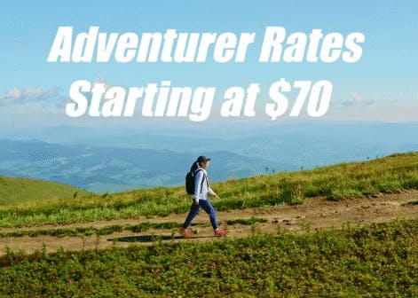 Image of current promotion which states "Adventurer Rates starting at $70." Links to offers.