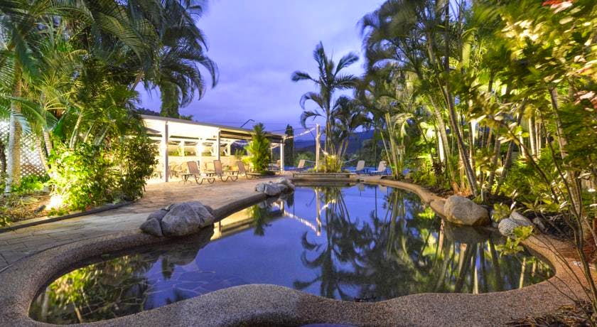 Pool area at dusk.