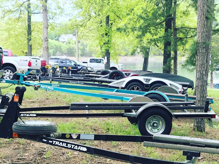 Boat trailers parked at Mill Creek Resort.