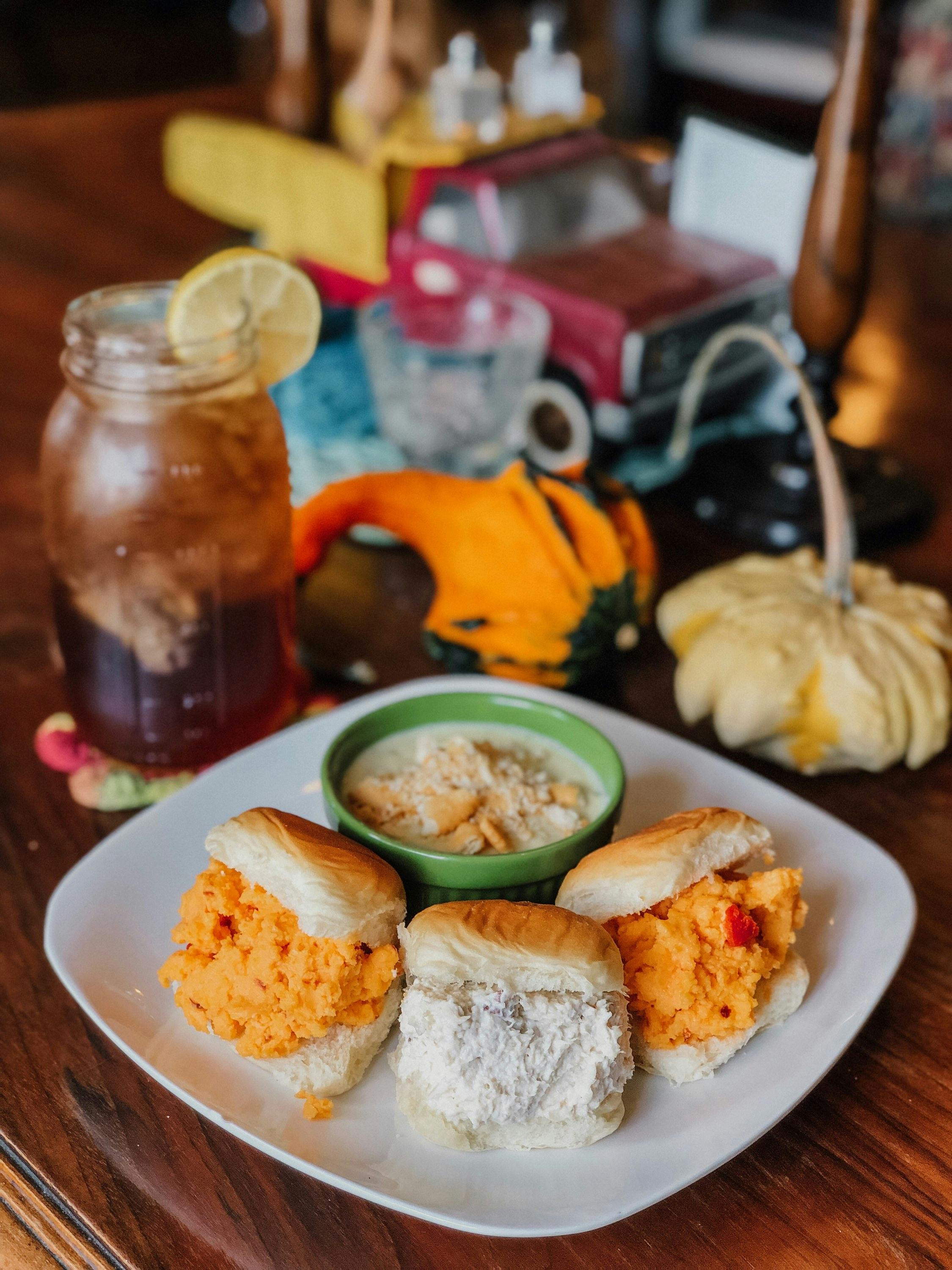 homemade chicken salad and pimento cheese sliders with our famous chicken and rice soup with sweet tea. wild daisy farm cafe