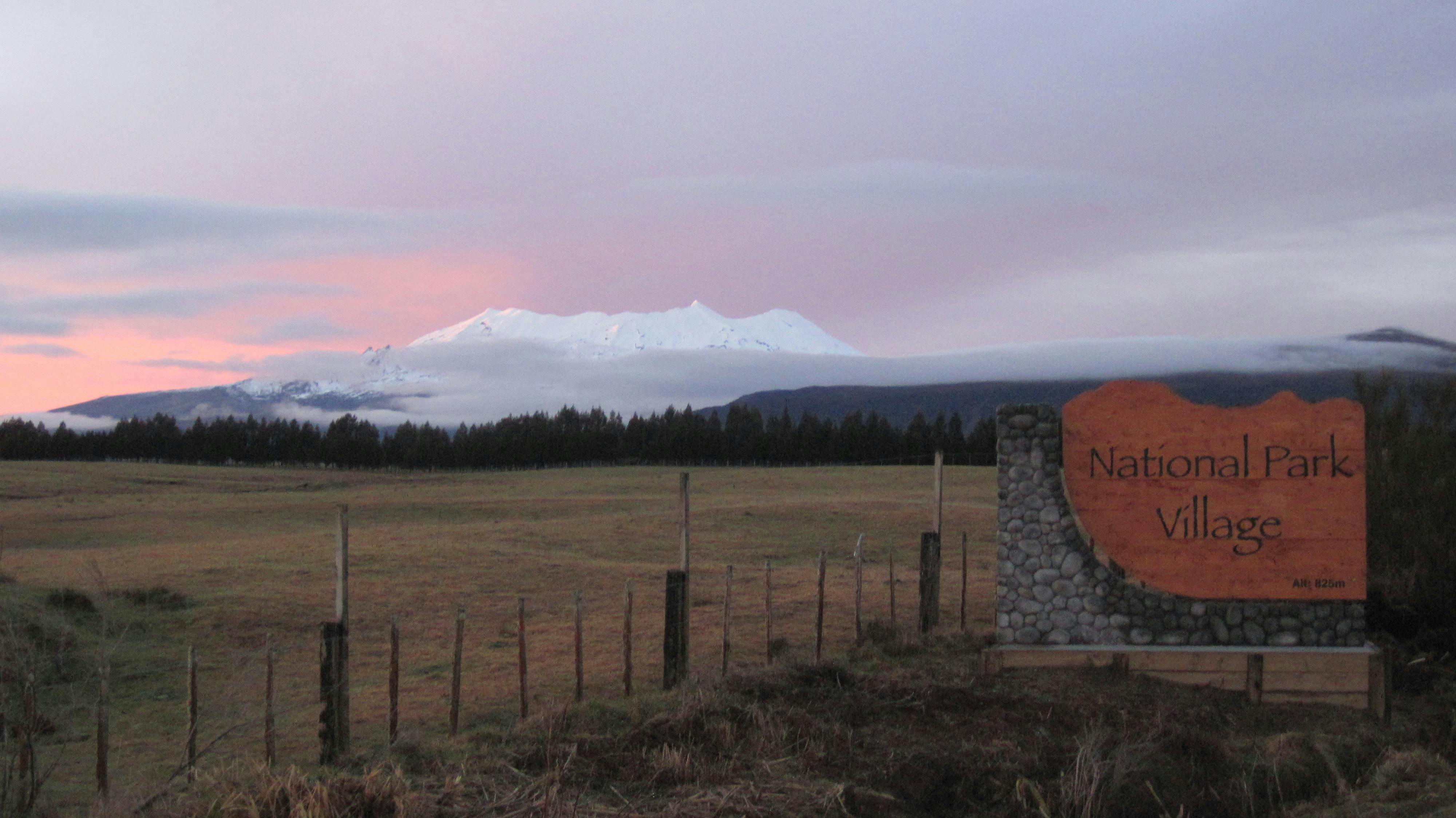 Pink winter sunset over Mount Ruapehu