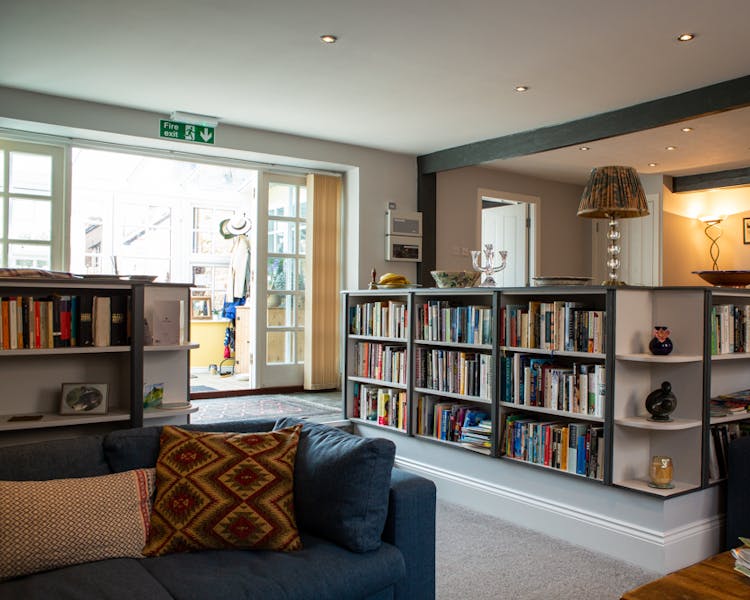 Lounge and bookshelves in the Old Schoolhouse Bed and Breakfast in Haltwhistle, Northumberland