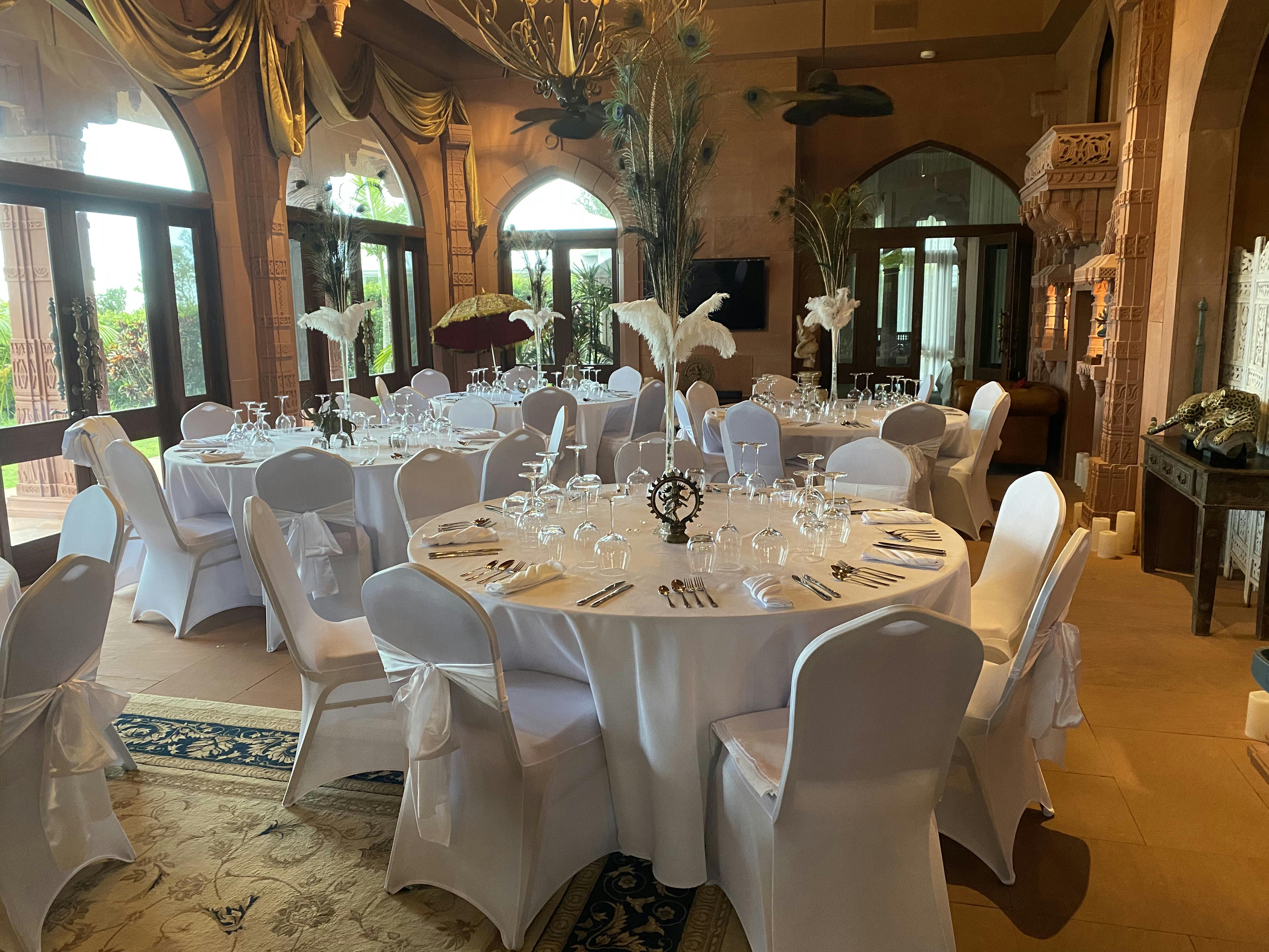 Best glassware, best cutlery, best dinnerware, best banquet chairs, beautiful centre pieces, in magnificent palace room