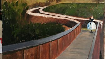 Painting of a curved walkway with handrails raised above greenery, with a dress on a dummy visible at the first curve.