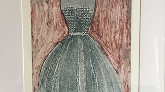 Detail of a print, showing a dress with close bodice above a gored skirt held out with many petticoats.