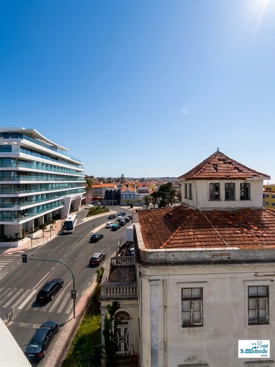 Panoramic top-floor view of the Estoril coast and Avenida Marginal on a sunny day, taken from Hotel Sao Mamede