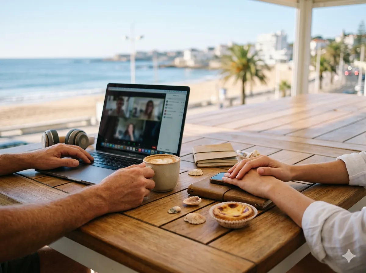 Digital nomad remote working with laptop on shared table, featuring ocean view of Tamariz Beach, Estoril, Portugal.