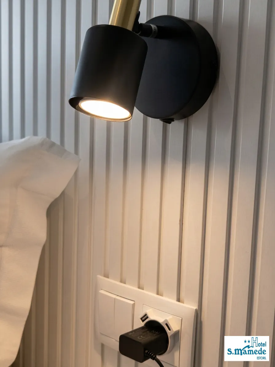 Modern bedside USB ports and reading light in renovated Estoril room