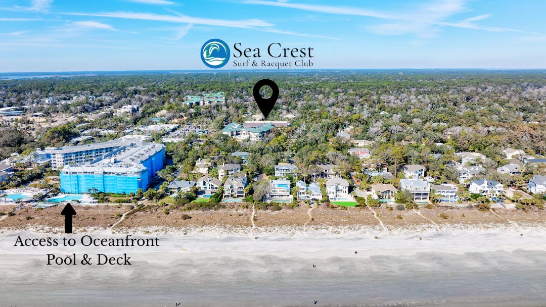 Aerial View with location pin on Sea Crest Surf & Racquet Club Resort and location of their access to oceanfront pool