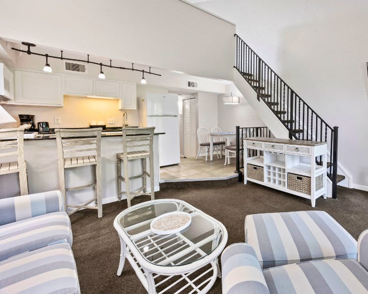 Spacious open-concept kitchen and living room at Sea Crest Surf & Racquet Club rental