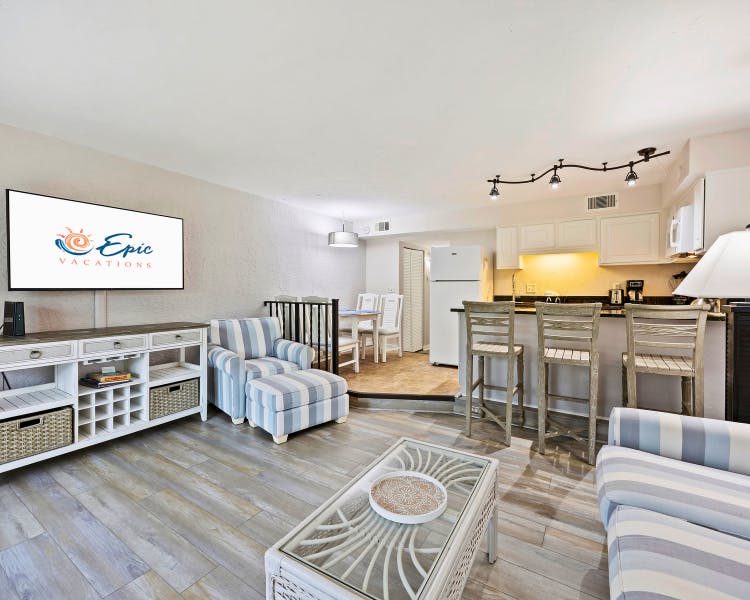 Spacious two-bedroom condo living room and full kitchen at Sea Crest Surf & Racquet Club on Hilton Head Island