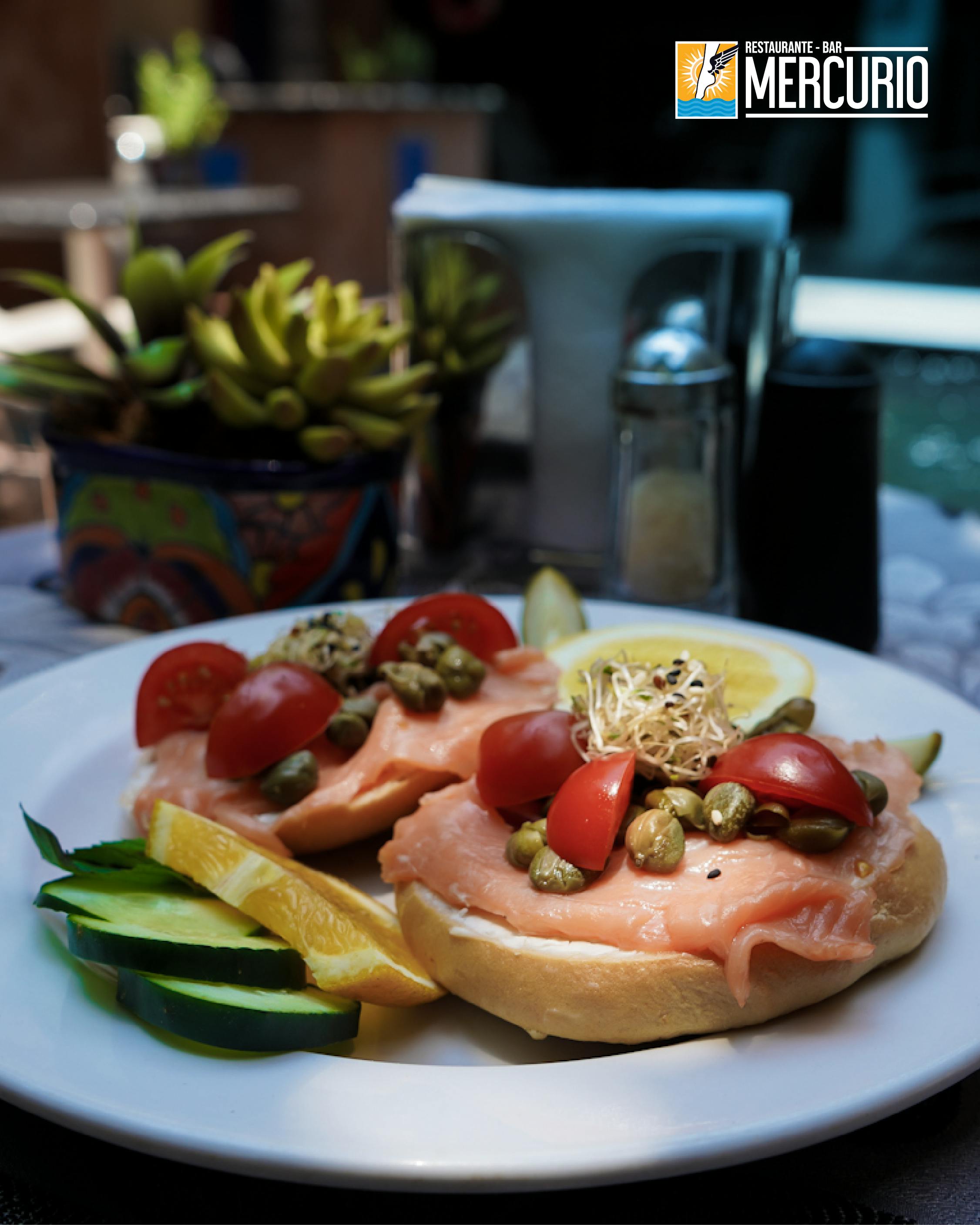 Bagel with Smoked Salmon, Cream Cheese, Capers, Onion & Tomato