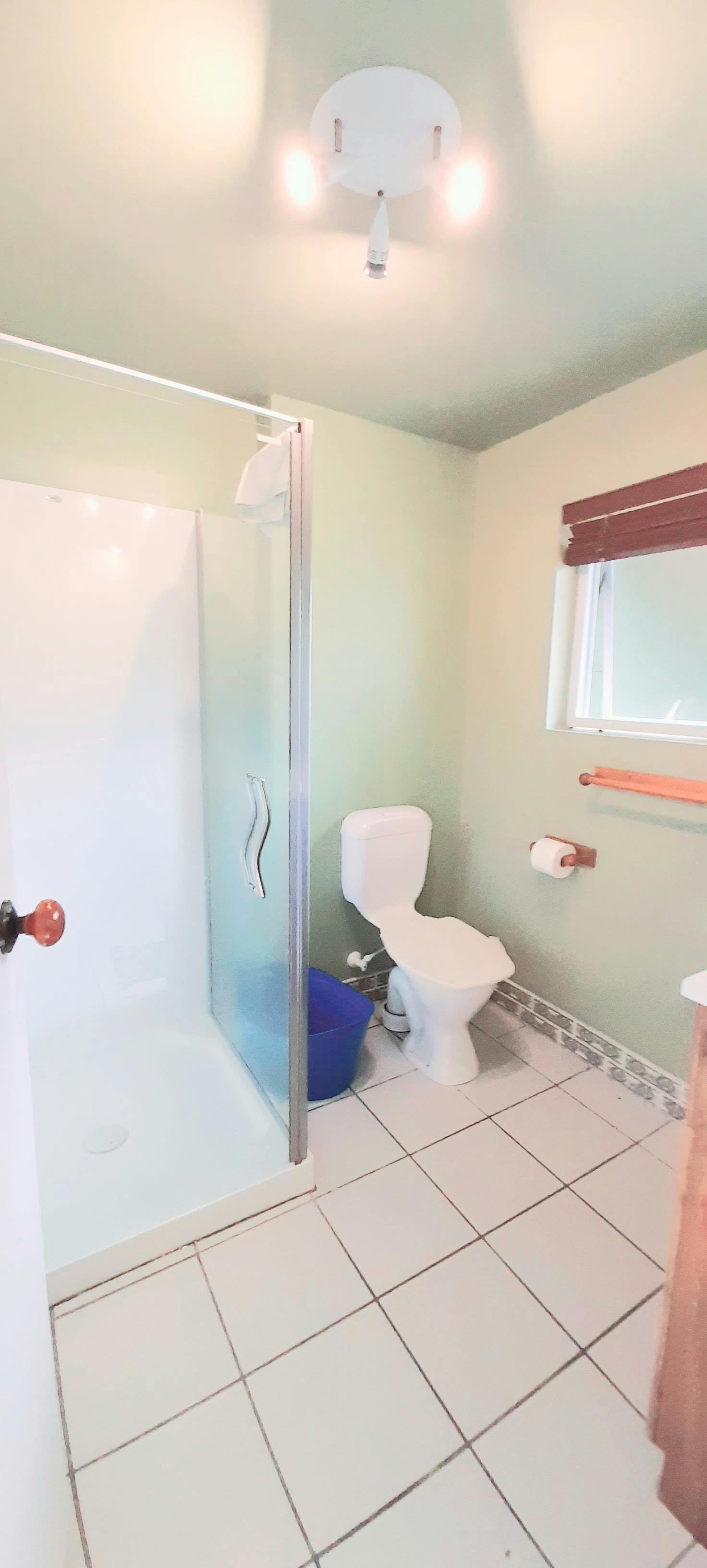 Studio Suite shower, toilet and vanity area.