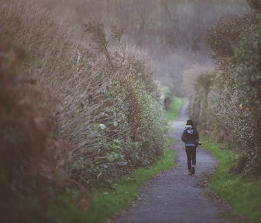 A women walking through tall hedges.