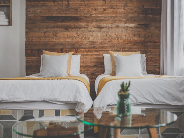 Two beautifully decorated single beds standing in front of a DIY wooden wall. Two glass tables with a cactus in front