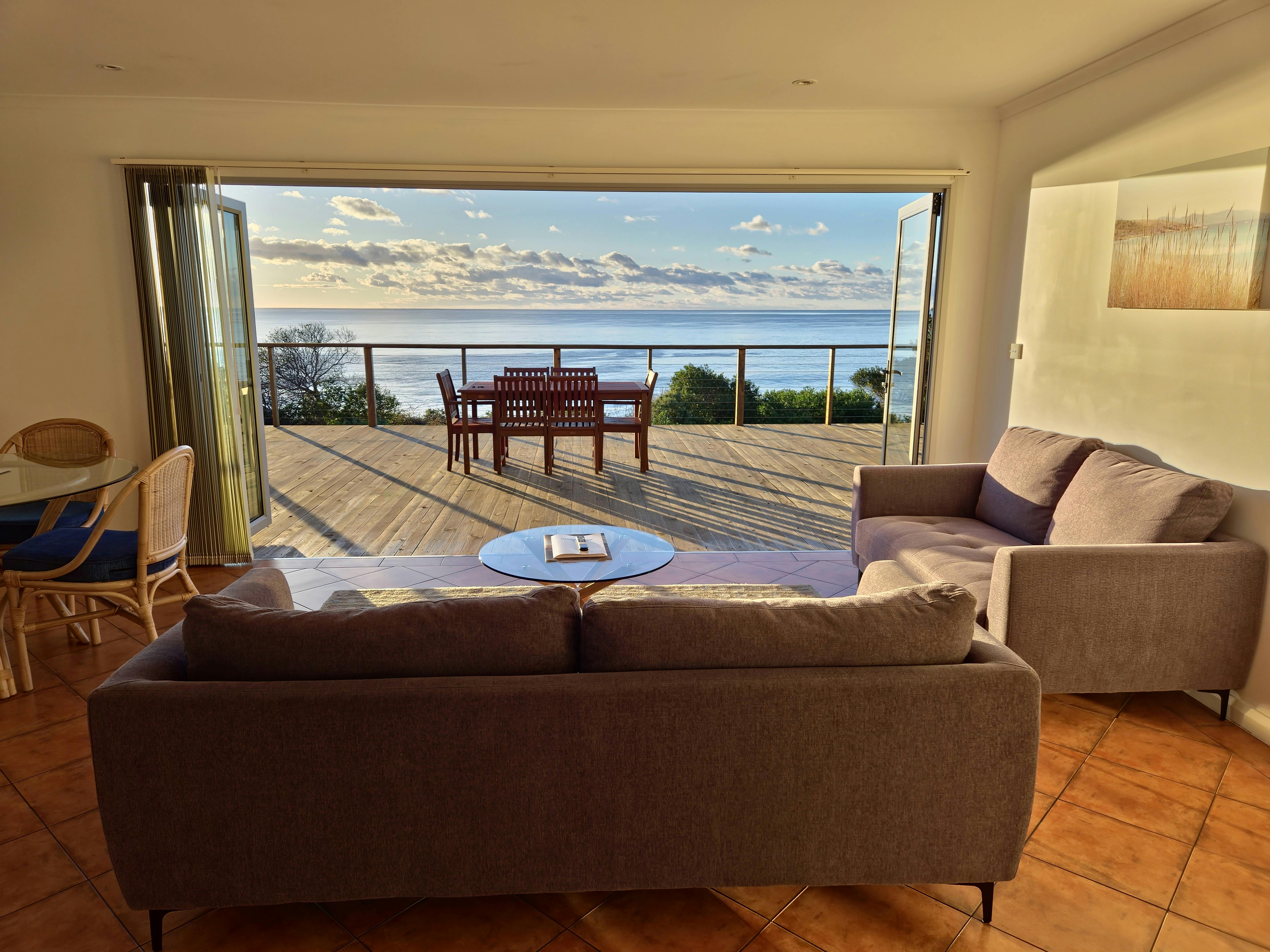 Tasman Sea views from luxury villa deck at White Sands Estate
