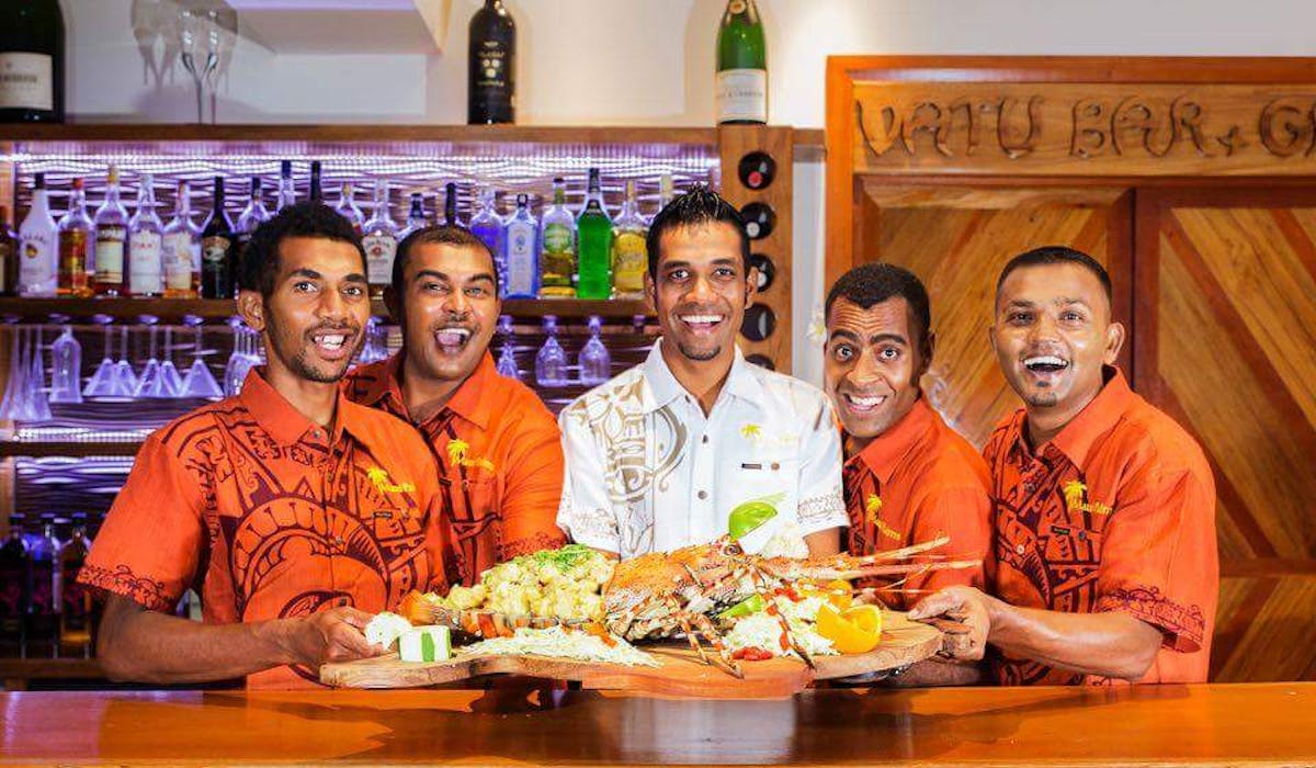 beachfront boutique hotel coral coast fiji fine dining seafood platter lobster staff