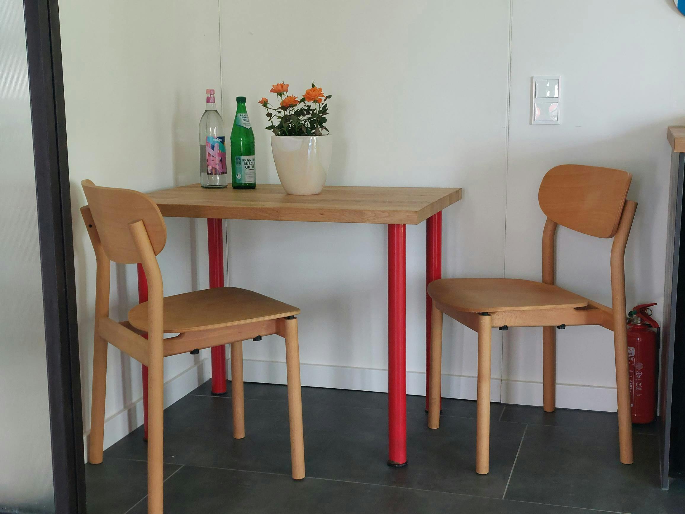 Apple Studio dining area and complimentary water