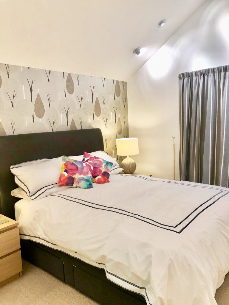 Bedroom 2 -Luxury king size bed with designer wallpaper