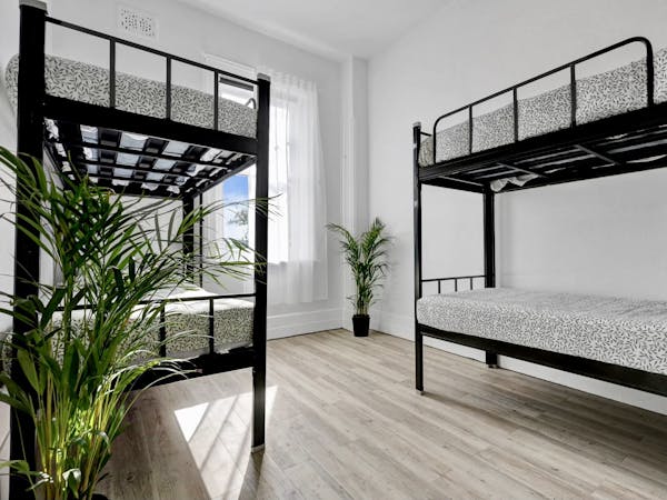Light and bright 4-person dorm with bunk beds.
