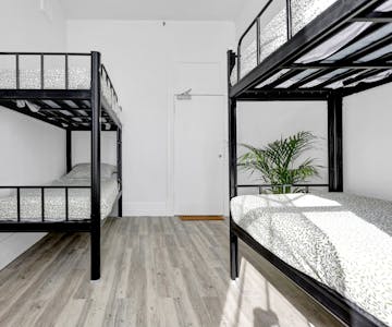 Light and bright 4-person dorm with bunk beds.