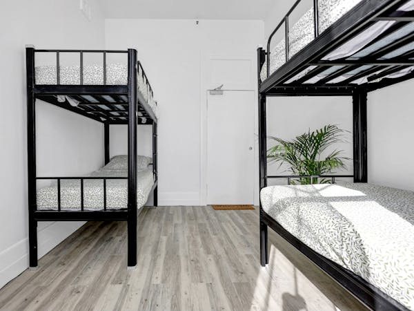 Light and bright 4-person dorm with bunk beds.