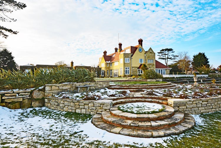 Haven Hall Hotel with Lutyens steps and snow