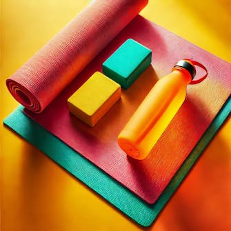 Workout mat with two colorful yoga blocks and a bright water bottle.