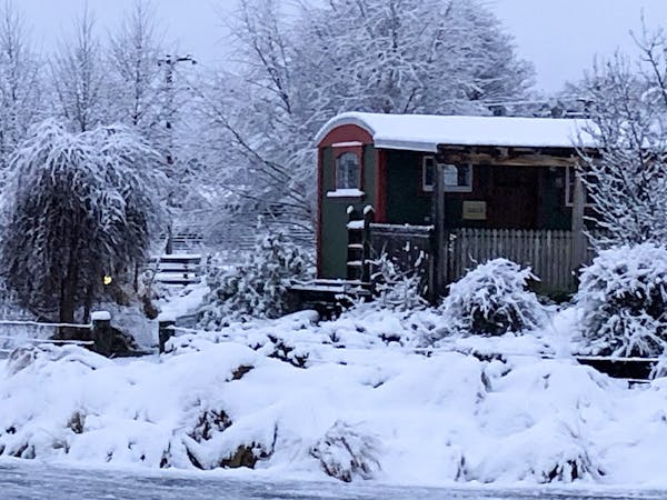 A rustic farm wagon cabin in the snow at Musterer's Accommodation, Fairlie.