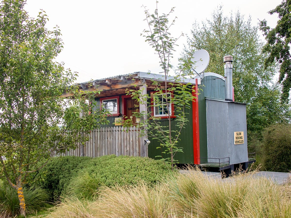 A rustic farm wagon cabin at Musterer's Accommodation, Fairlie.