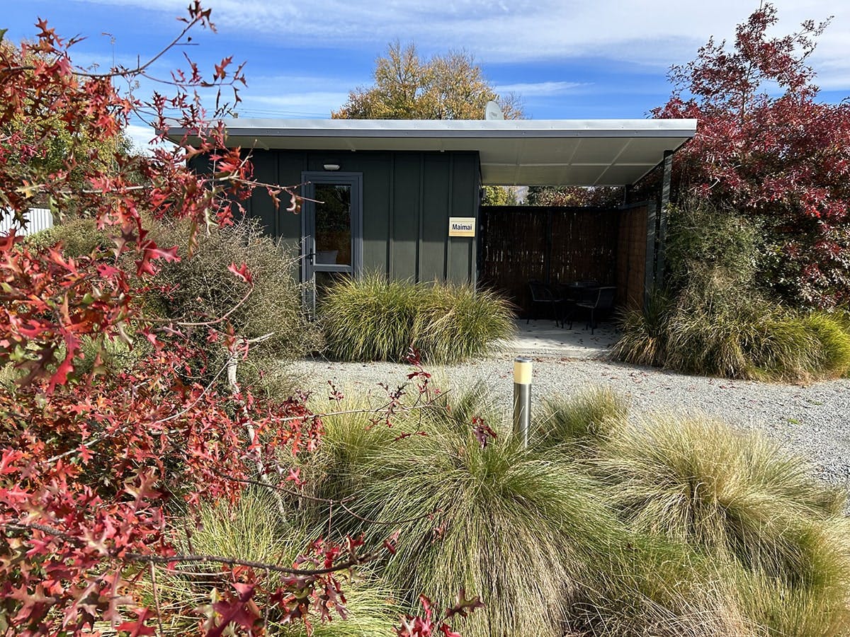 The Maimai studio cabin with native plants at Musterer's Accommodation, Fairlie.