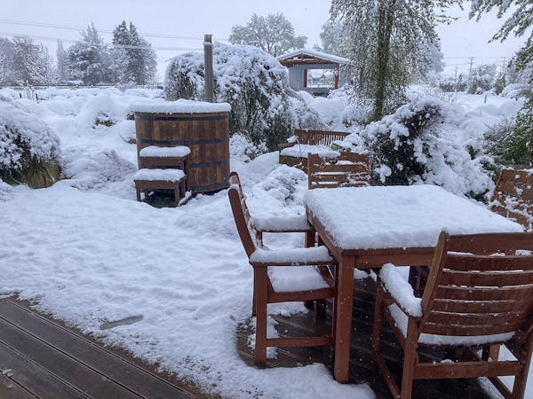 An outdoor eating area and hot tub covered in snow at Musterer's Accommodation, Fairlie.