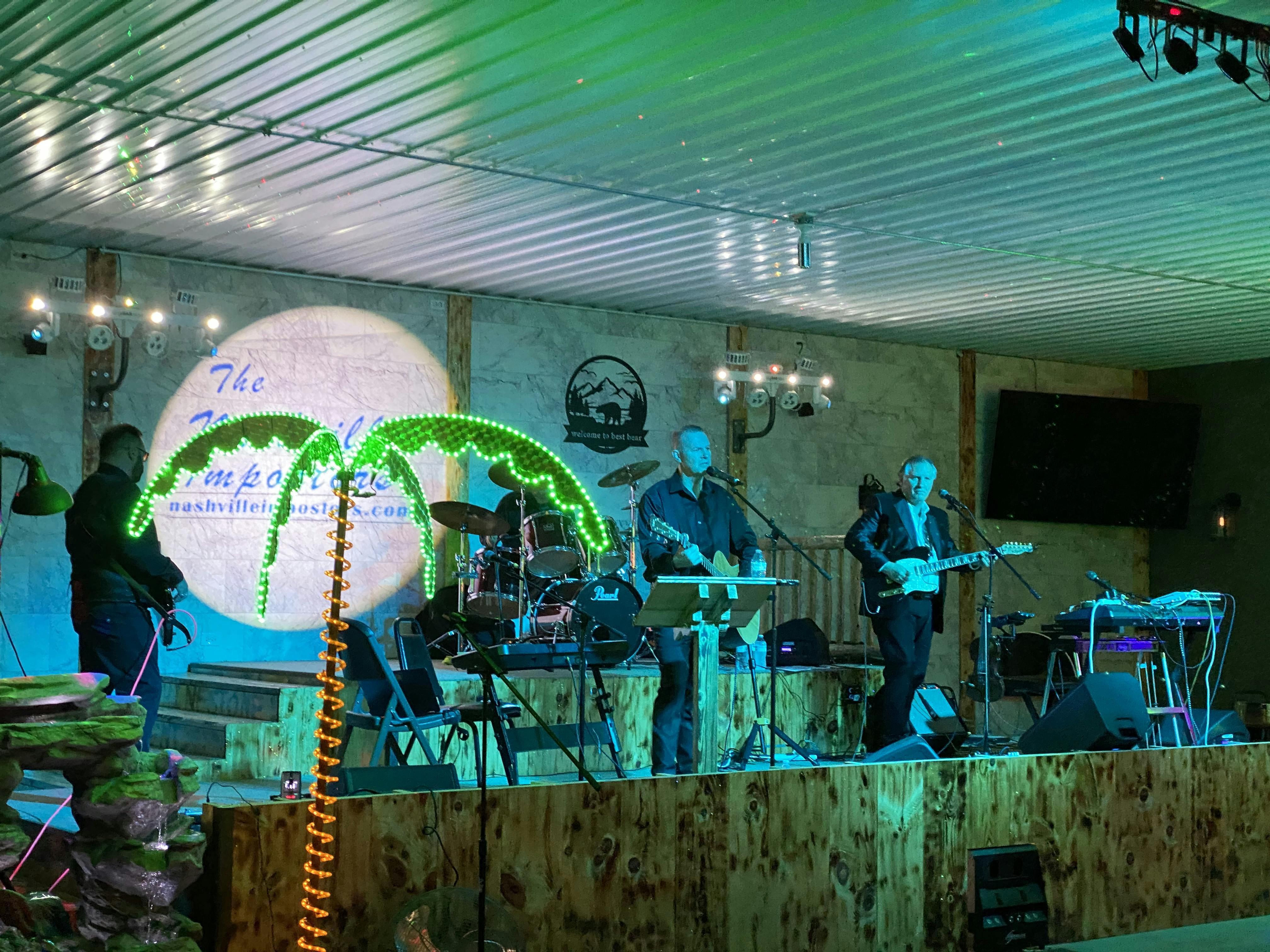 Nashville Imposters Band performing live in the Rhinestone Event Center at Best Bear Lodge & Campground.
