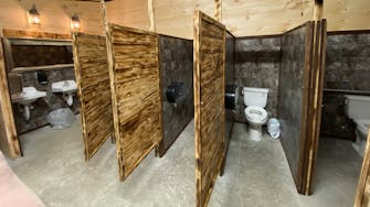 alt="Elegant handicap accessible women's bathroom in the Rhinestone Event Center at Best Bear Lodge & Campground in Irons MI