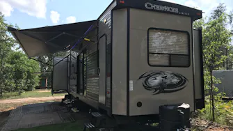 Grand Cherokee Destination RV Cabin Rental offering modern comfort at Best Bear Resort in Irons Michigan