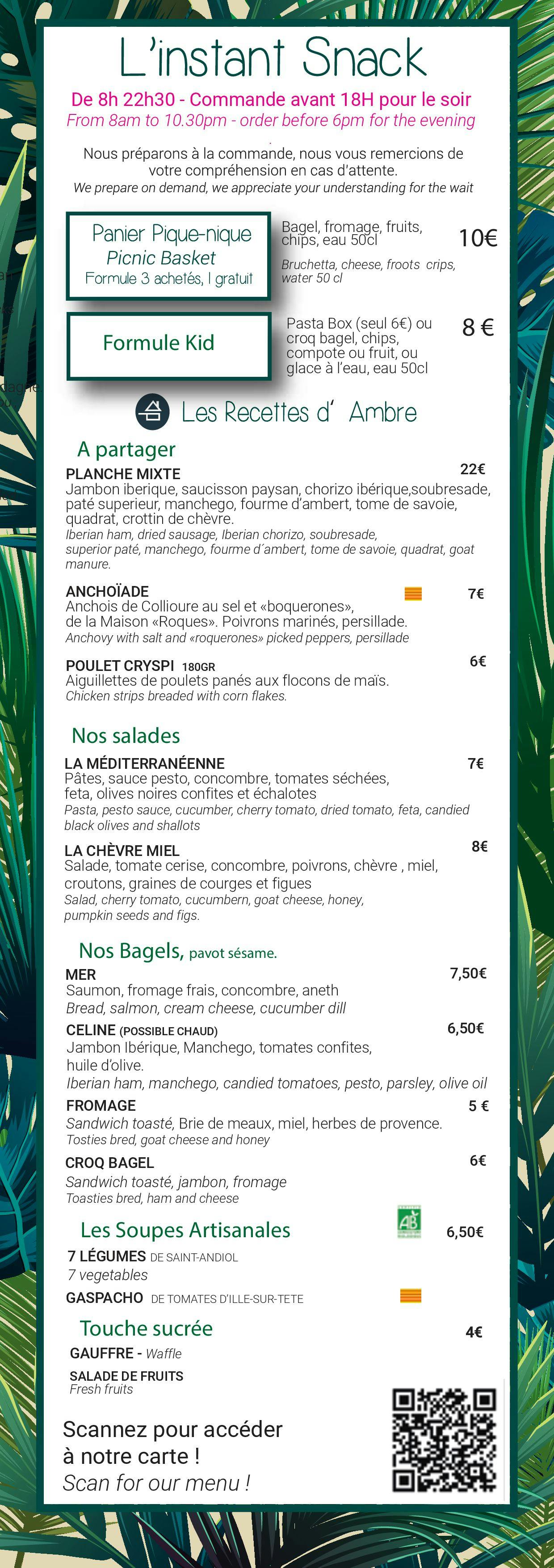 Carte Snacking de l'hôtel Les Mouettes