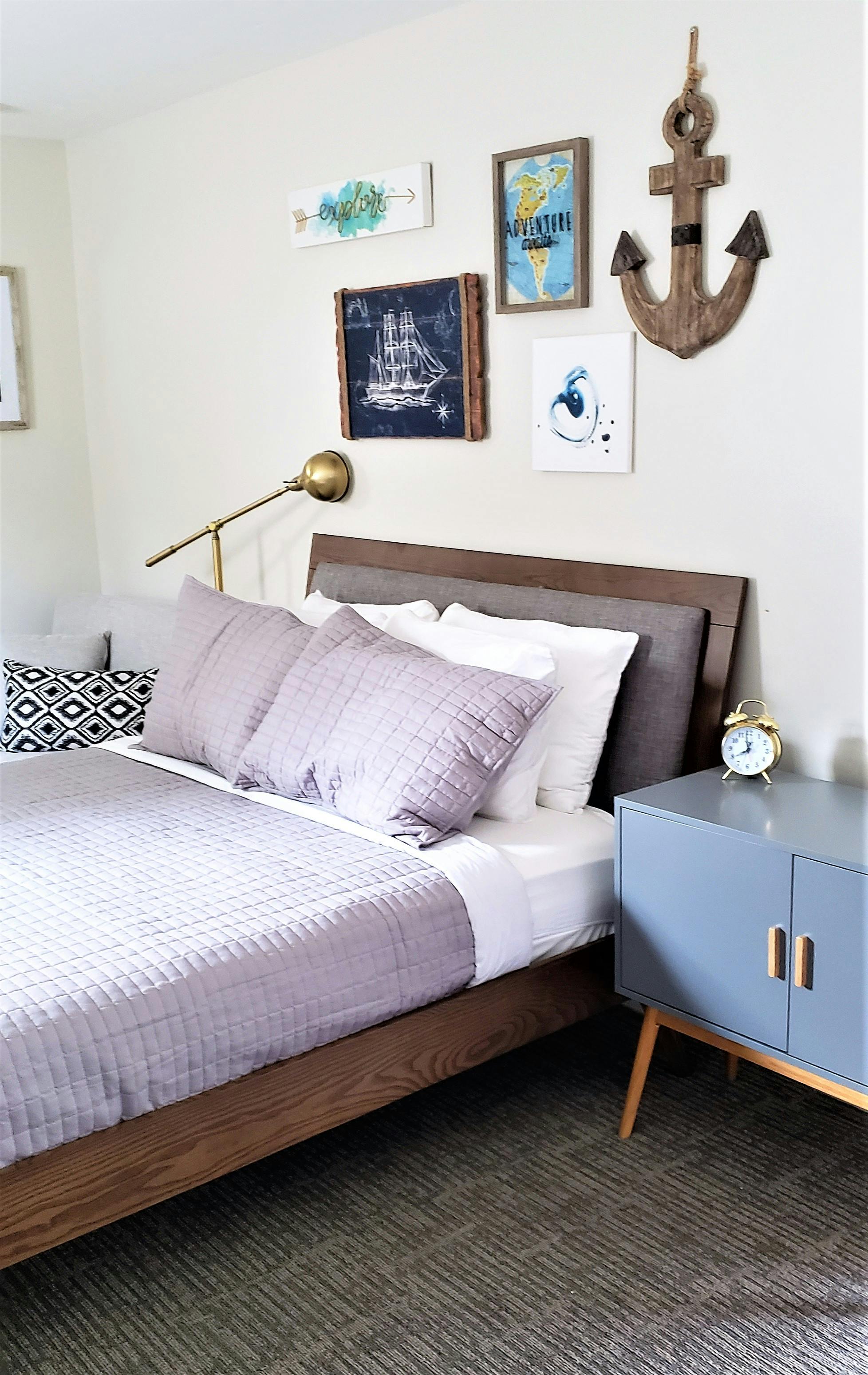 Luxury hotel room bed and nightstand Beulah Michigan