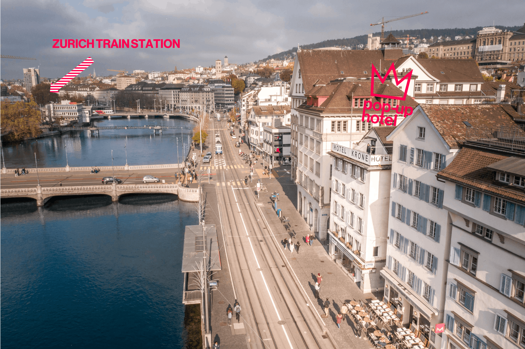 KRONE Zürich, view outside to trainstation