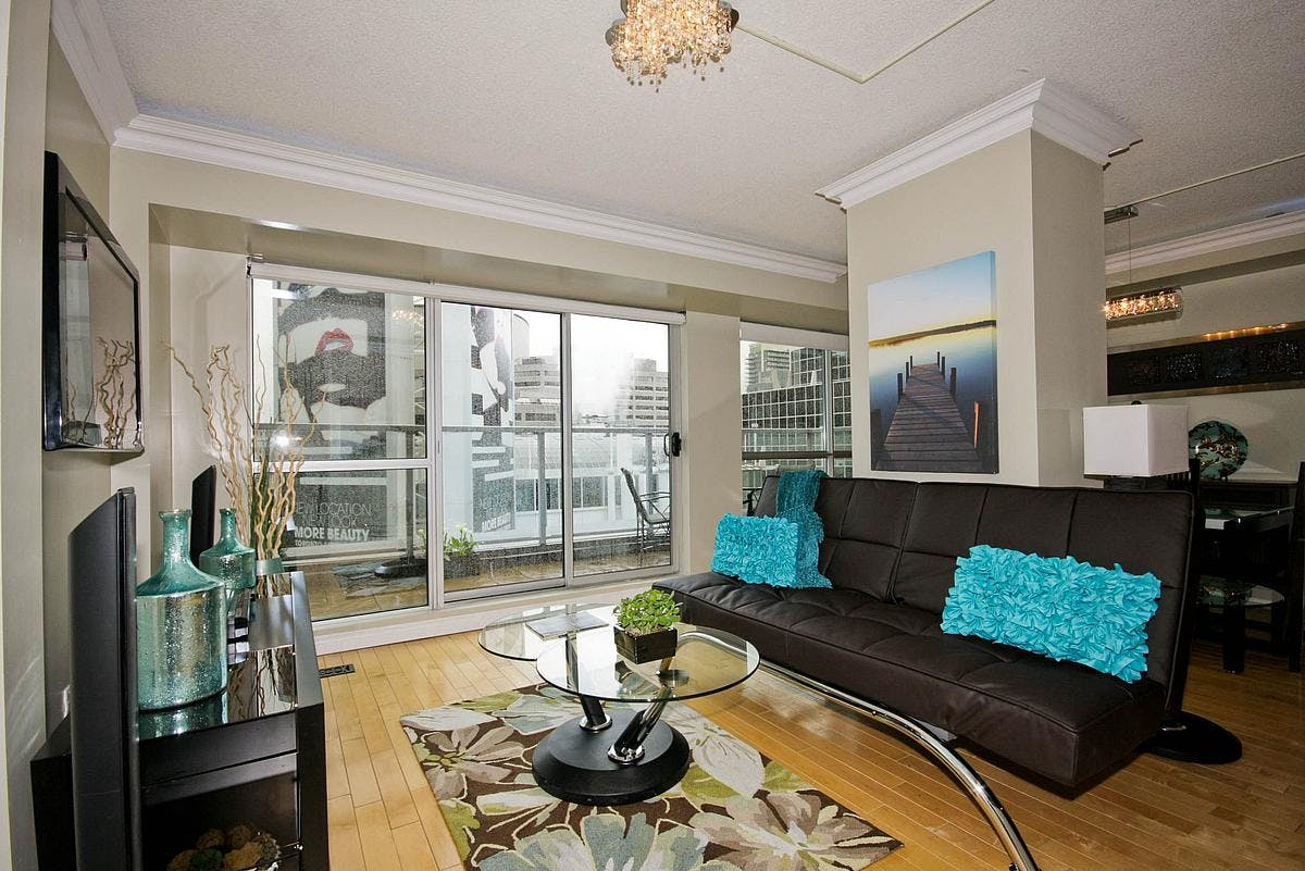 Yonge Suites Split Level 2 Bedroom Suite Penthouse E Living Room and Terrace