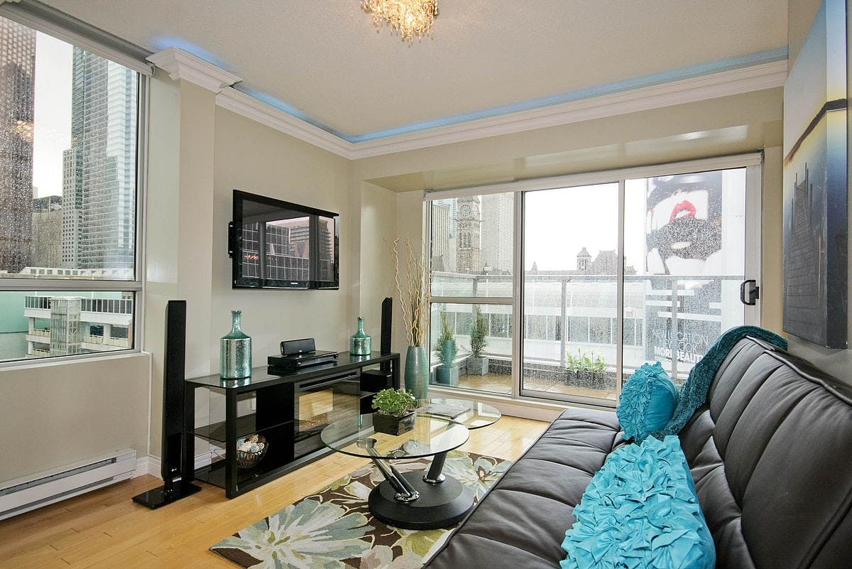 Yonge Suites Split Level 2 Bedroom Suite Penthouse E Living Room and Terrace