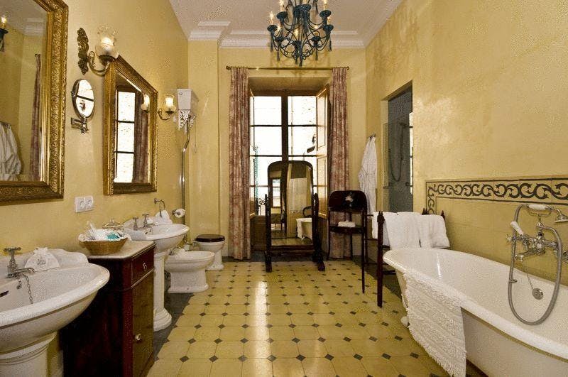 The free standing roll top bath and twin sinks within the Tramuntana Suite at Salvia