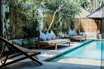 Private pool and sun loungers at Villa Mimpi Gili Trawangan