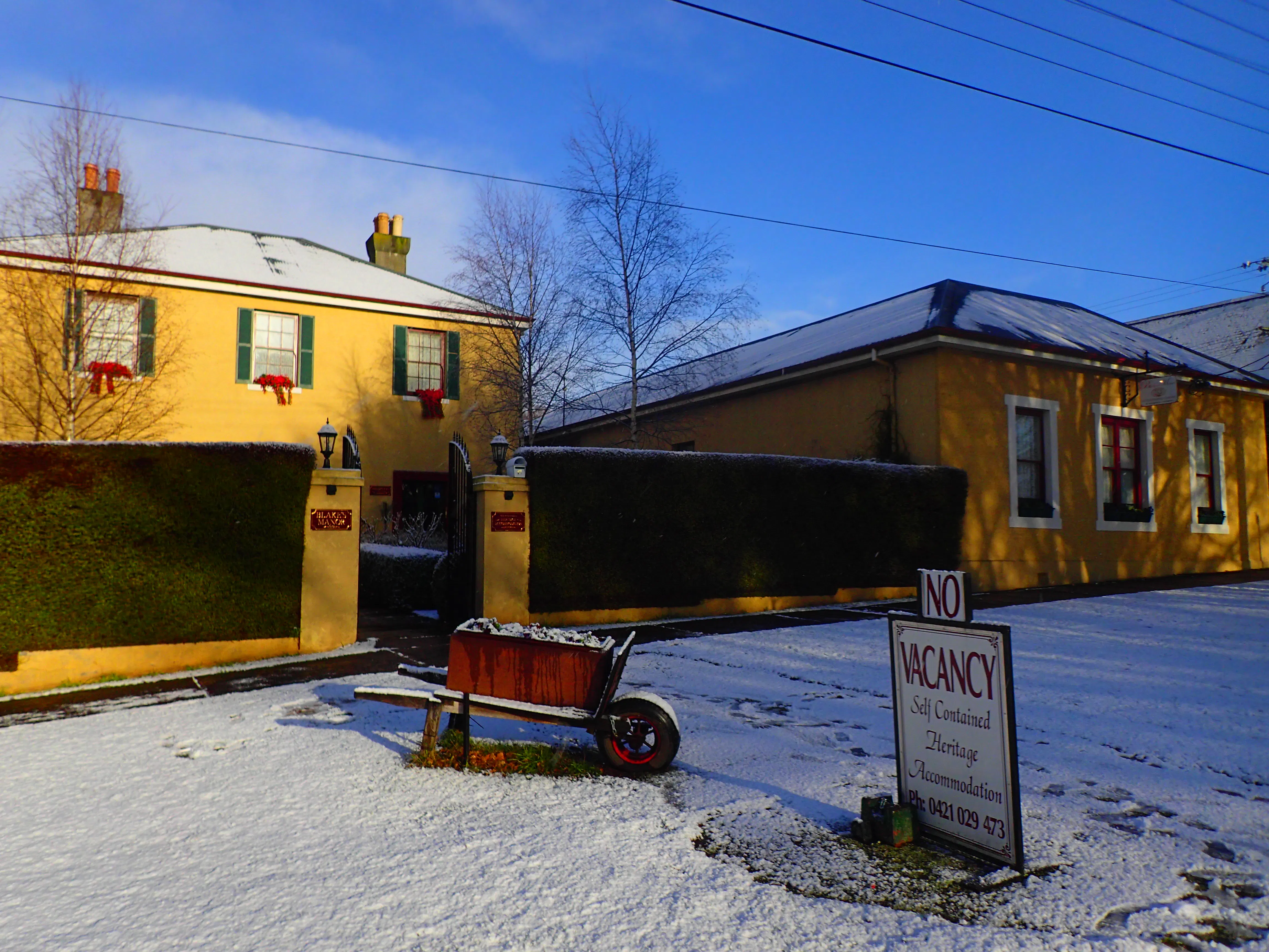 Blakes Manor Heritage Self-contained Accommodation, Tasmania in the snow. So romantic and beautiful.