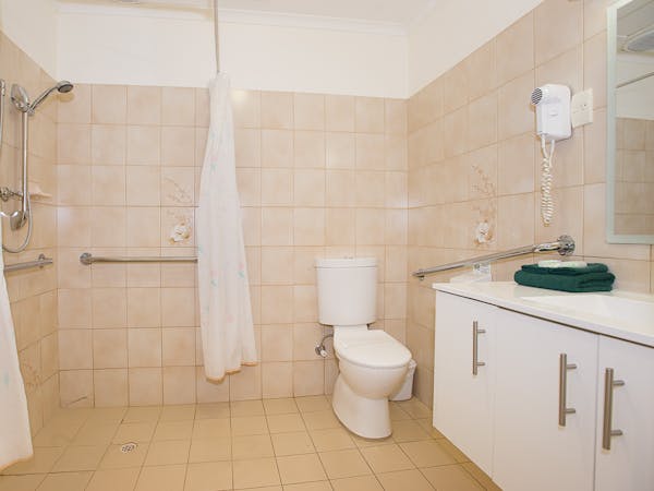 Spacious accessible bathroom, roll-in shower, grab bars.