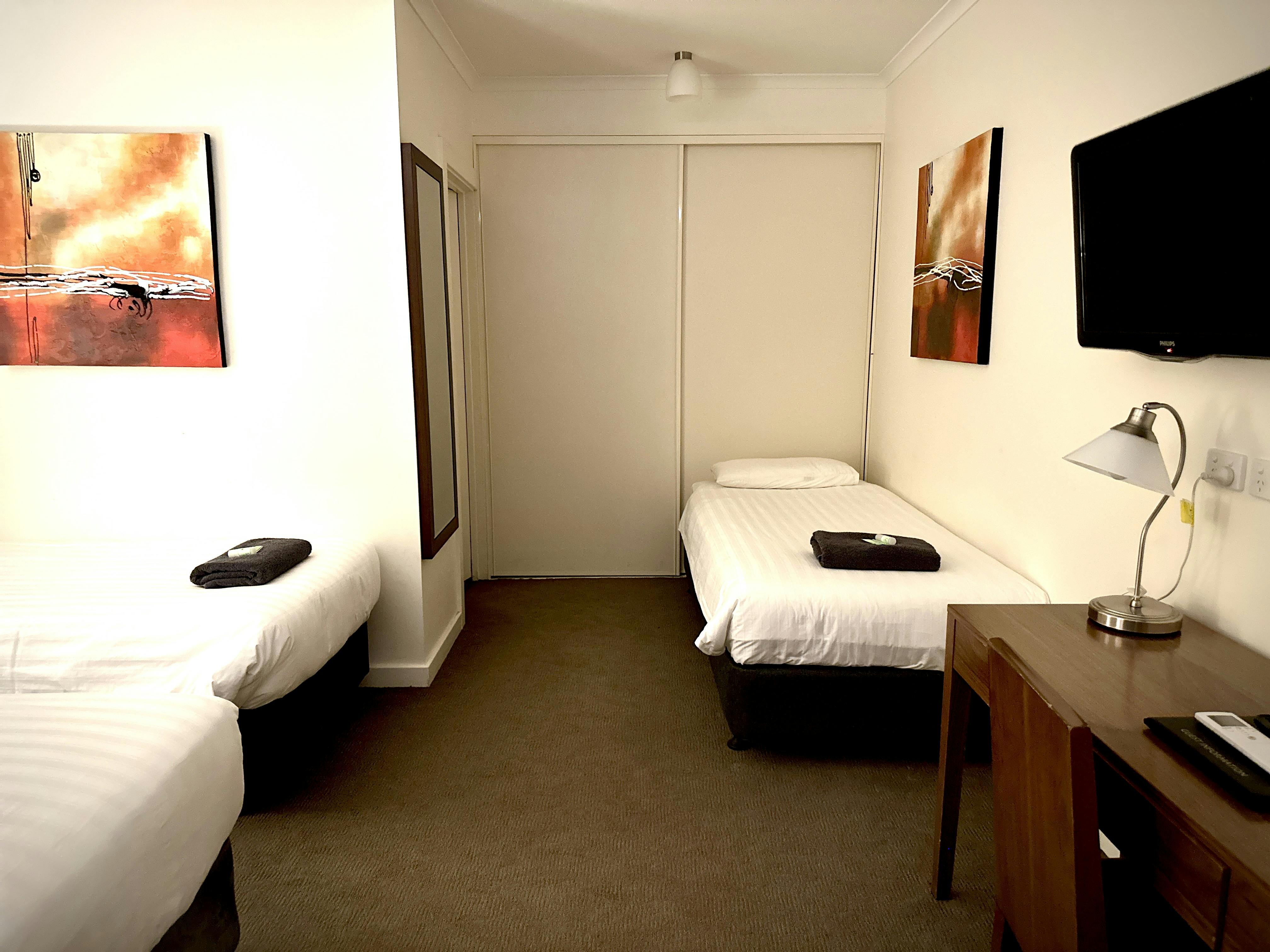 Budget room: 1 double, 2 singles, art, and a TV.