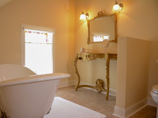 Slipper tub in the bathroom of the Rapunzel suite.