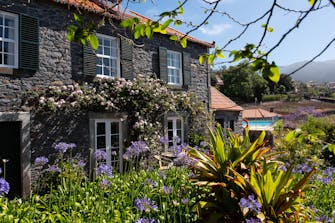 Lilac Agapanthus in foreground with stone cottage covered with roses in the background, Quinta das Vinhas