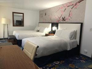 Spacious room with one king bed and one XL bed, featuring a massage bathtub and separate shower – Wang Shi China Palace OKC